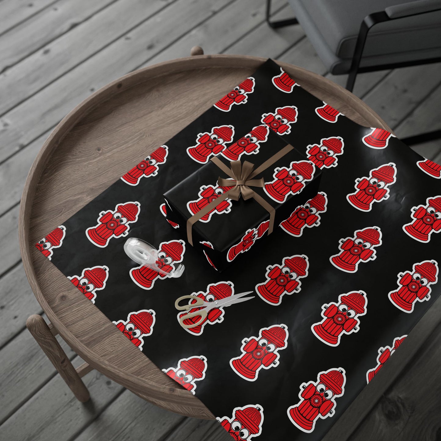 Wrapping Paper - Red Fire Hydrants with Googly Eyes on Black Background