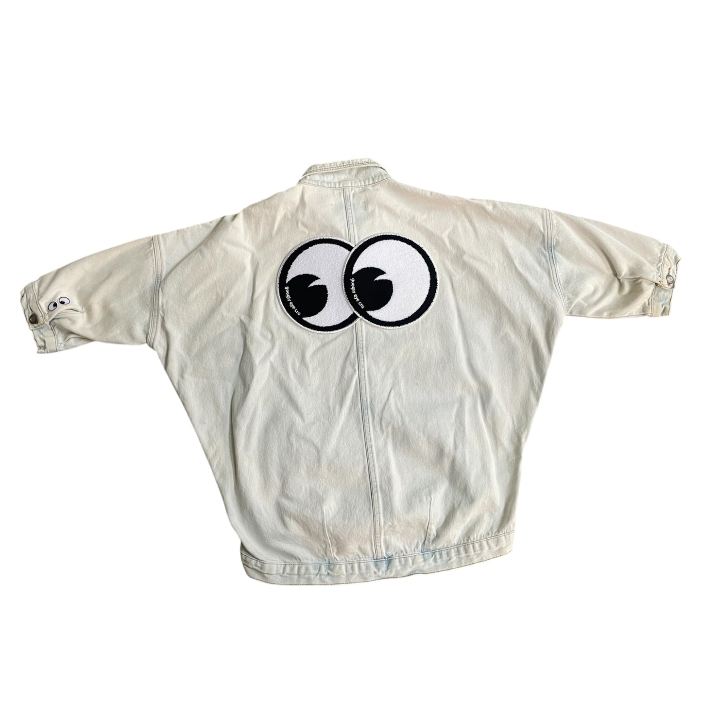 UPCYCLED Bleached out Dolman SleeveDenim Jacket w/Chenille Eyes