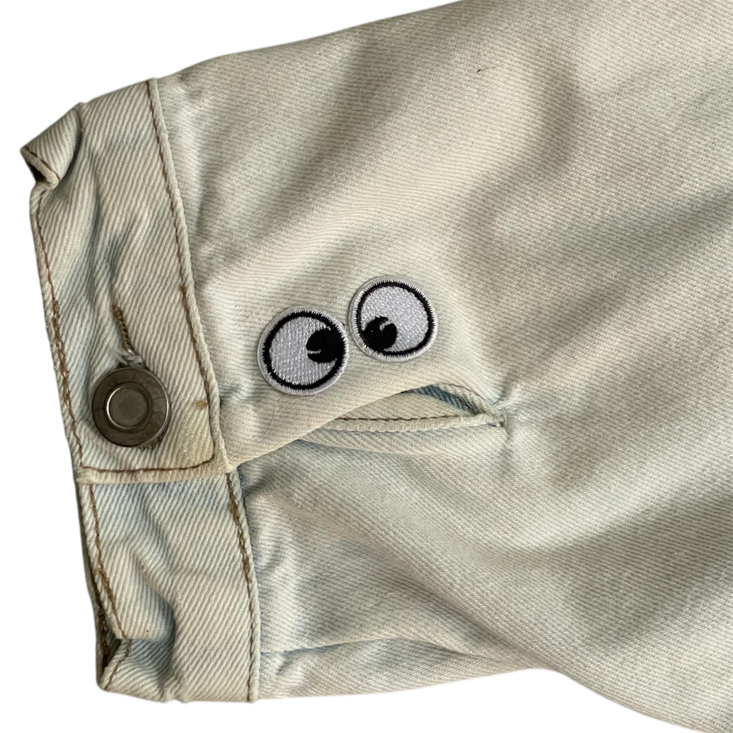 UPCYCLED Bleached out Dolman SleeveDenim Jacket w/Chenille Eyes