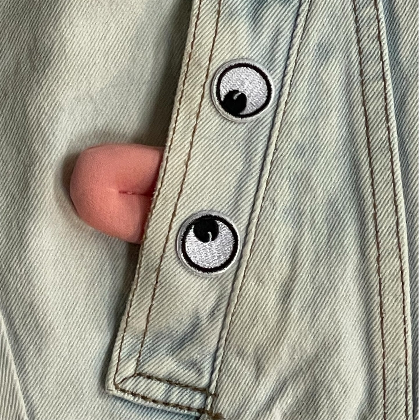 UPCYCLED Bleached out Dolman SleeveDenim Jacket w/Chenille Eyes