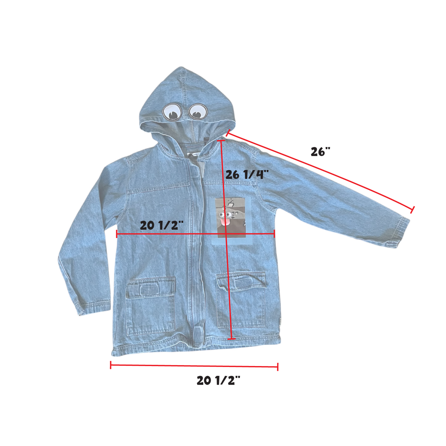 UPCYCLED Hooded Denim Jacket w/ Camo Pocket, Eyes, and Velcro Closures