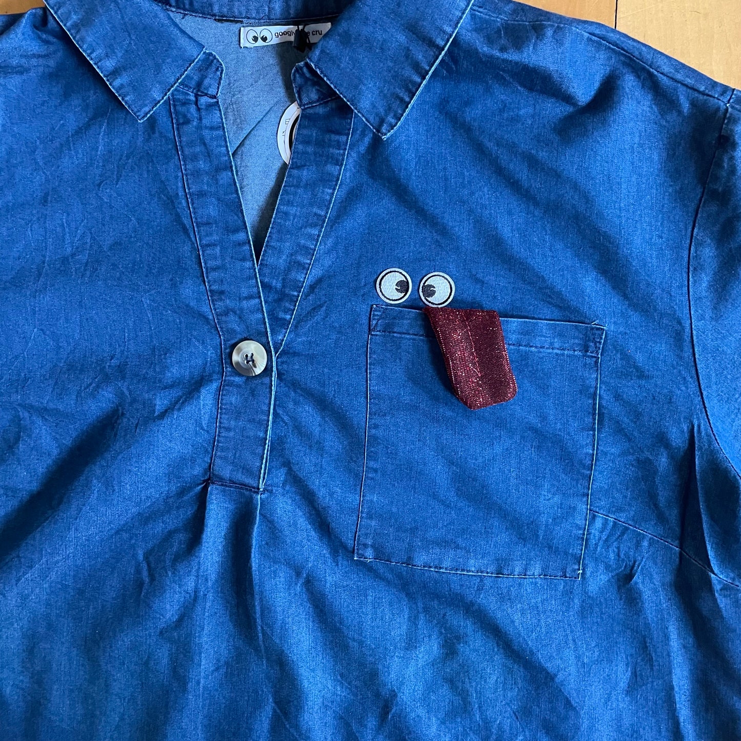 UPCYCLED Denim dress with save the earth artwork and hidden tongue at pocket