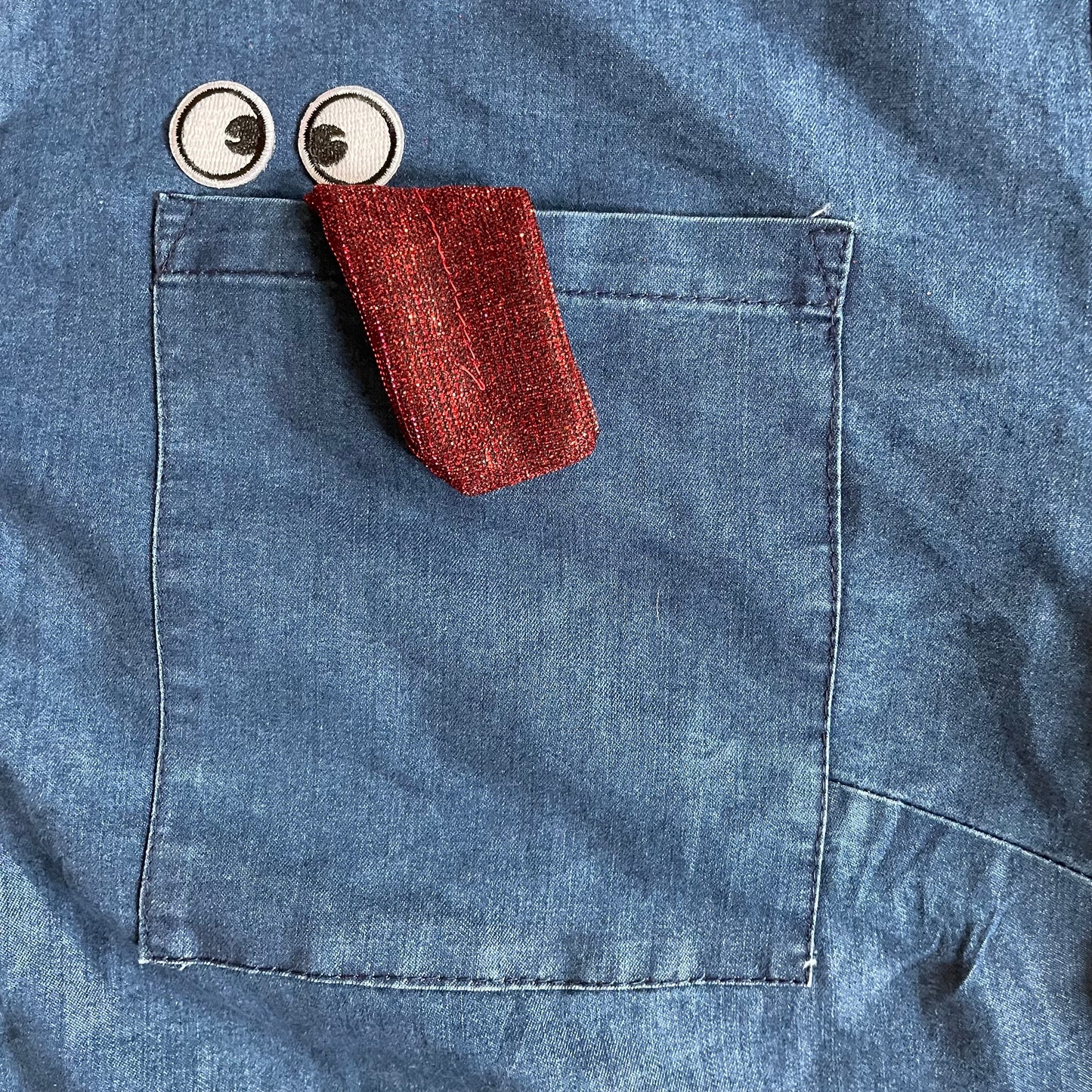 UPCYCLED Denim dress with save the earth artwork and hidden tongue at pocket