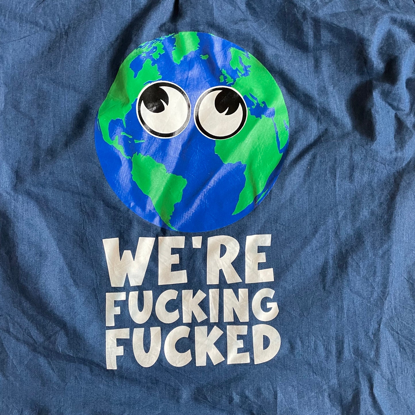 UPCYCLED Denim dress with save the earth artwork and hidden tongue at pocket