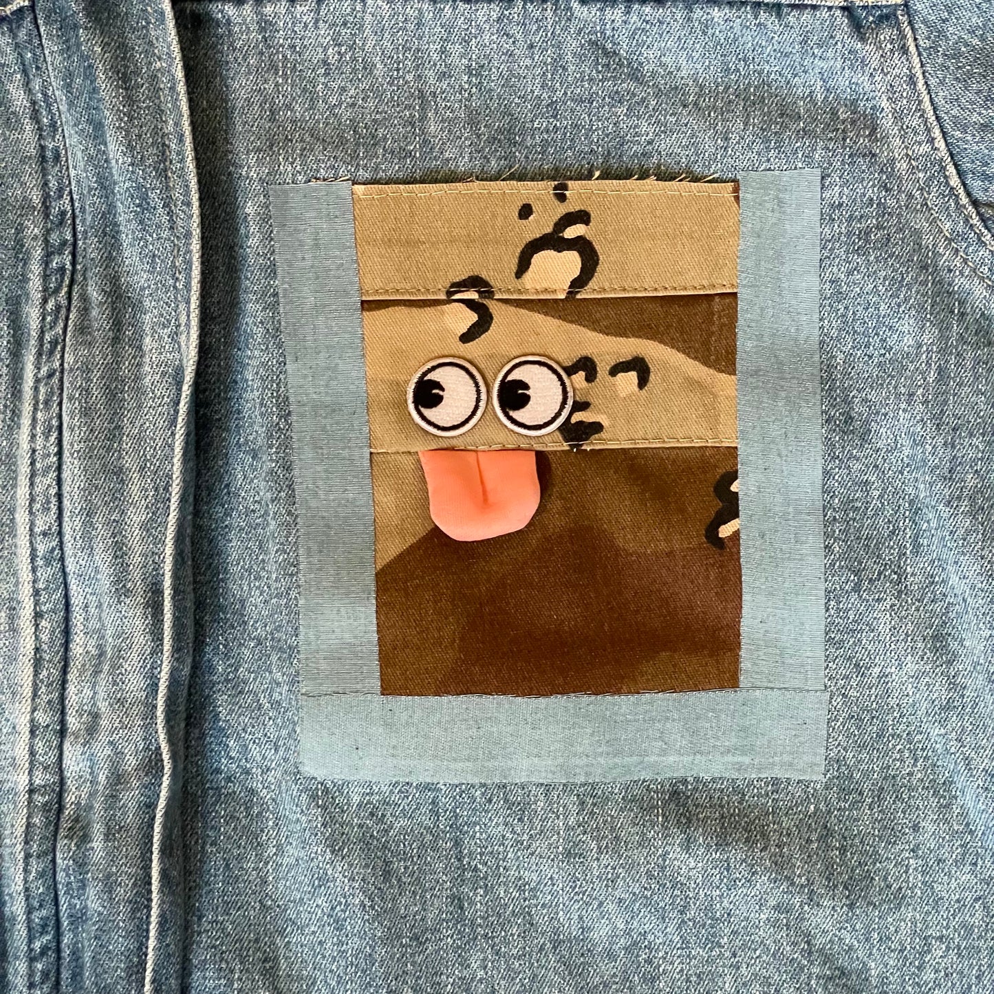 UPCYCLED Hooded Denim Jacket w/ Camo Pocket, Eyes, and Velcro Closures