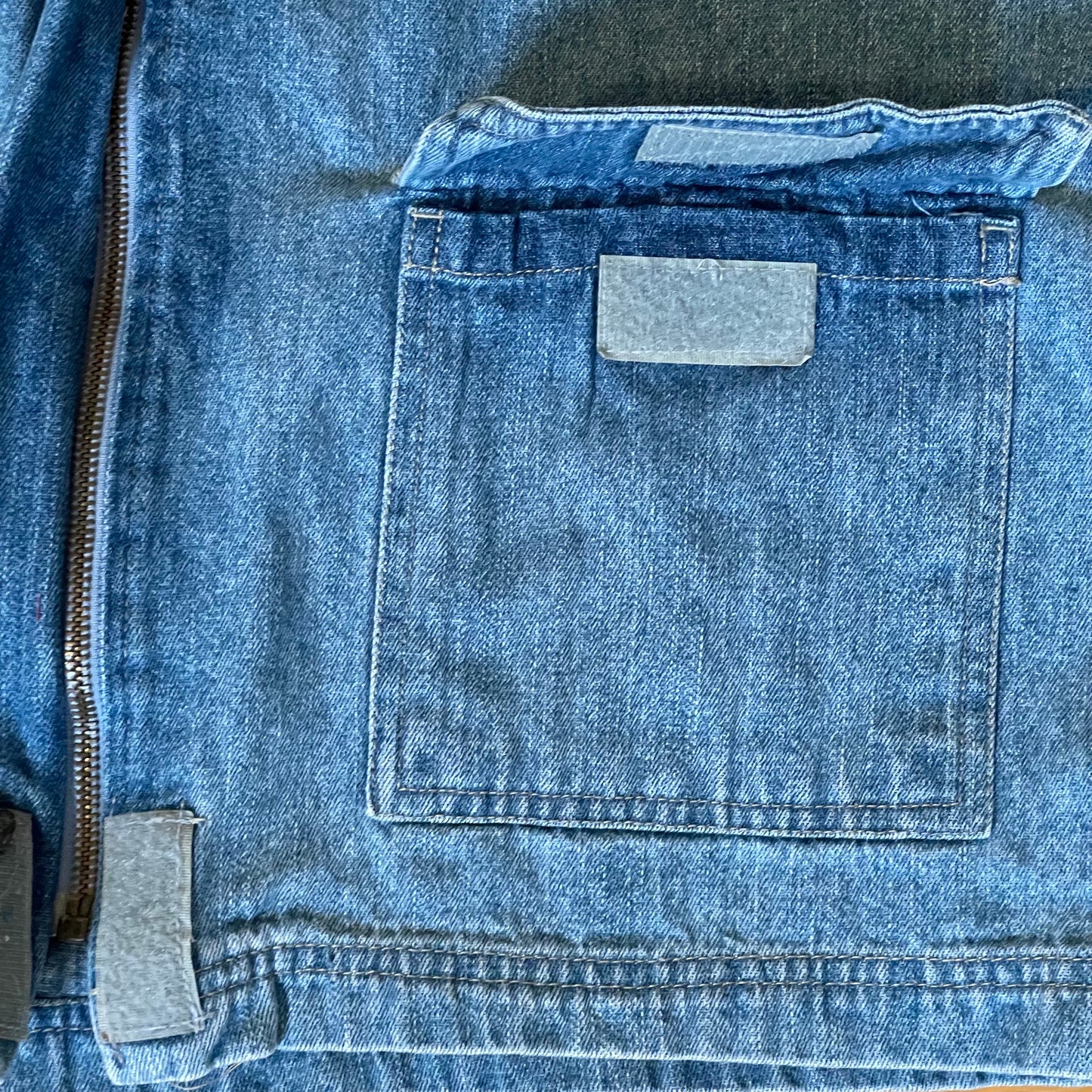 UPCYCLED Hooded Denim Jacket w/ Camo Pocket, Eyes, and Velcro Closures