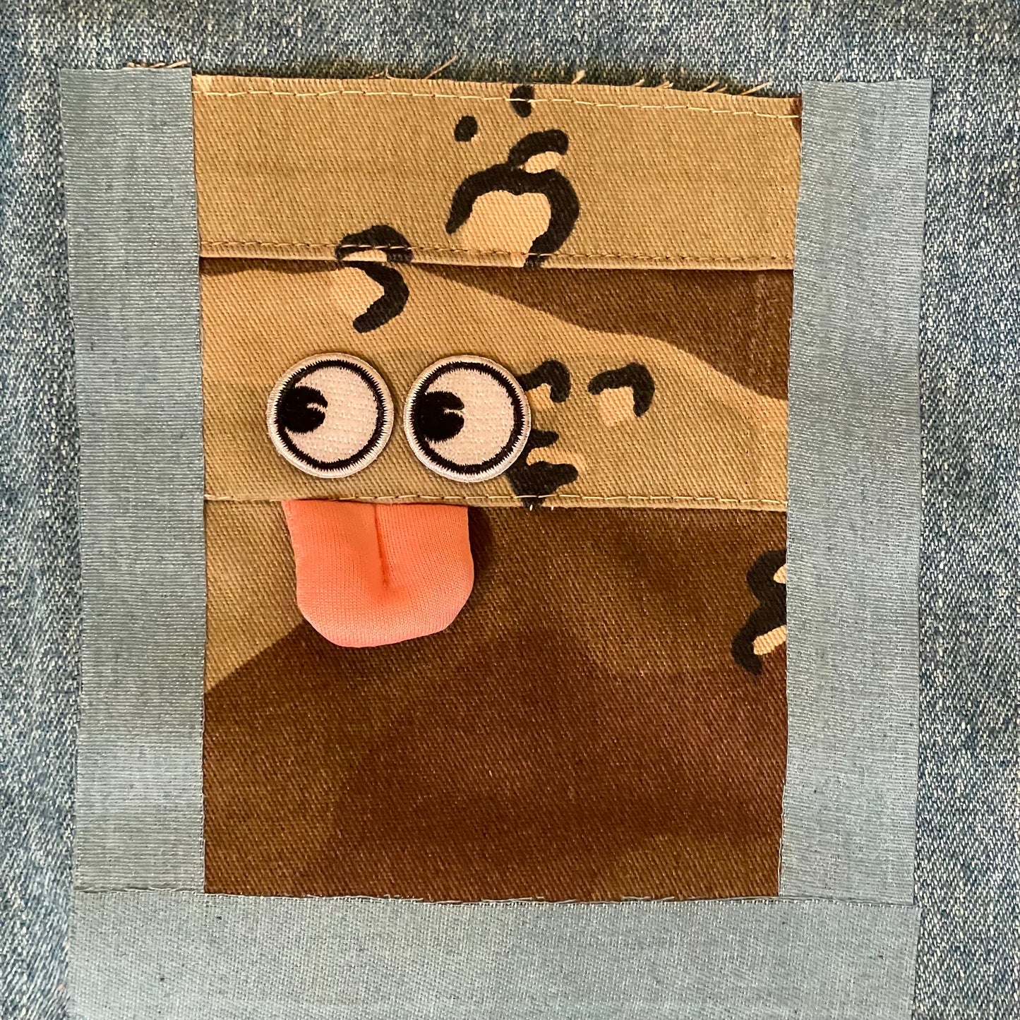 UPCYCLED Hooded Denim Jacket w/ Camo Pocket, Eyes, and Velcro Closures