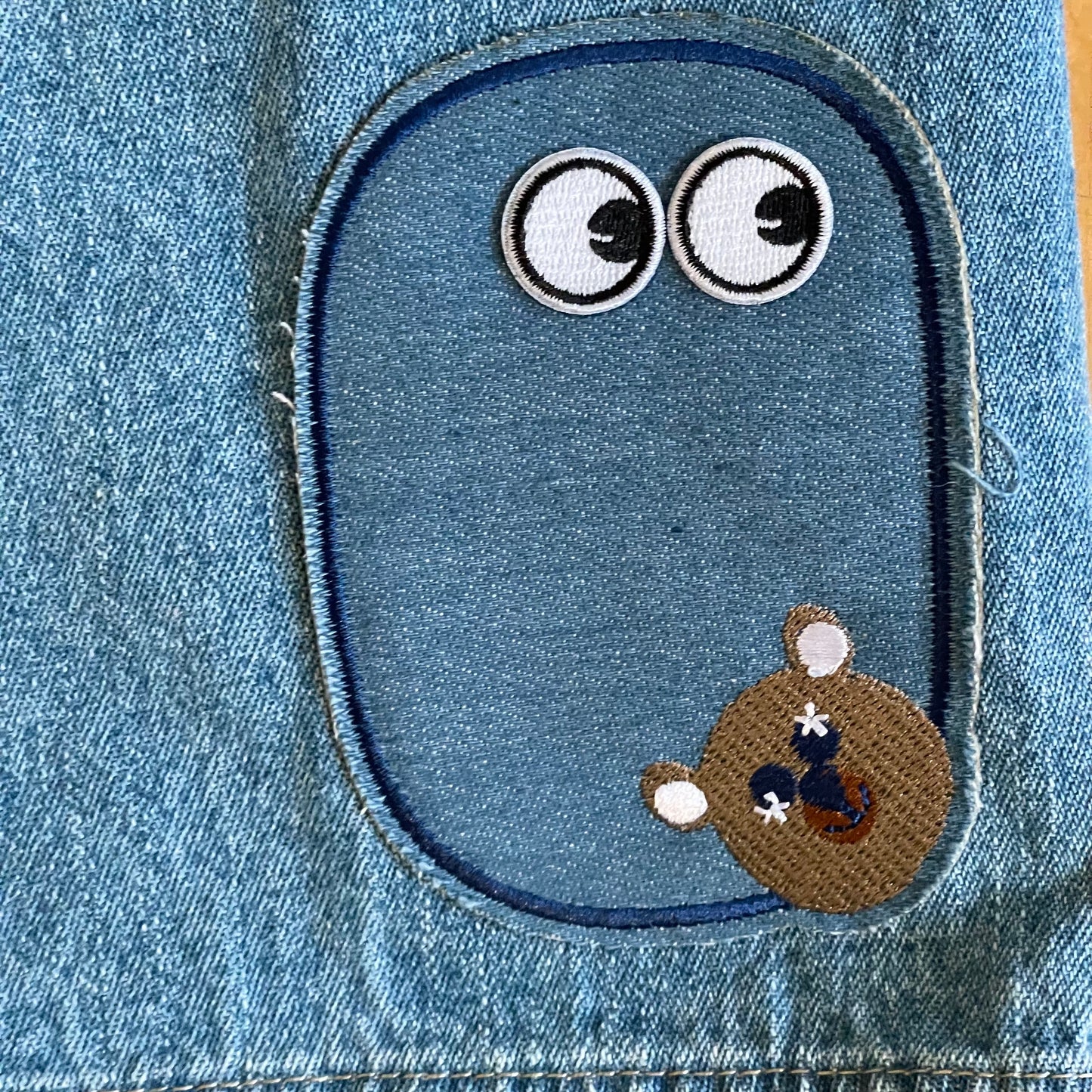 UPCYCLED Hooded Denim Jacket w/ Camo Pocket, Eyes, and Velcro Closures