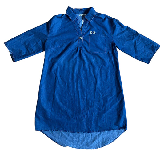 UPCYCLED Denim dress with save the earth and hidden tongue at pocket