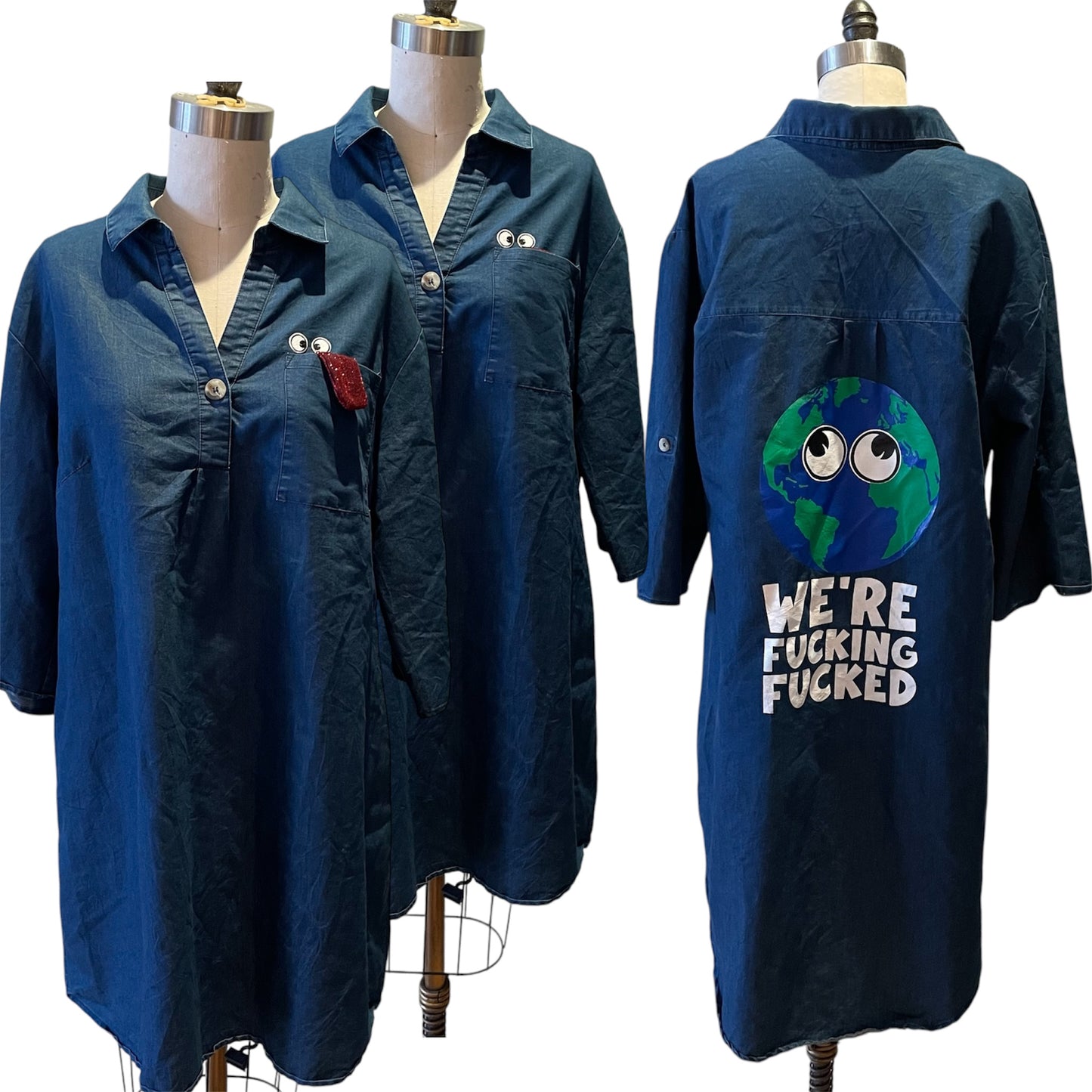 UPCYCLED Denim dress with save the earth artwork and hidden tongue at pocket