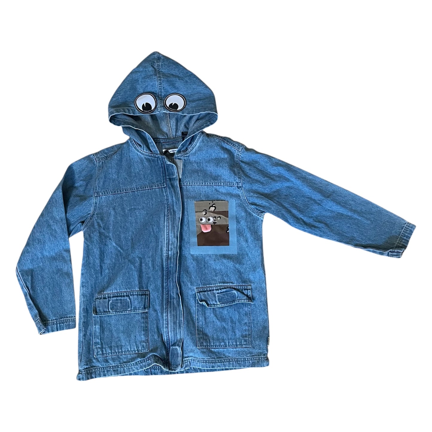 UPCYCLED Hooded Denim Jacket w/ Camo Pocket, Eyes, and Velcro Closures