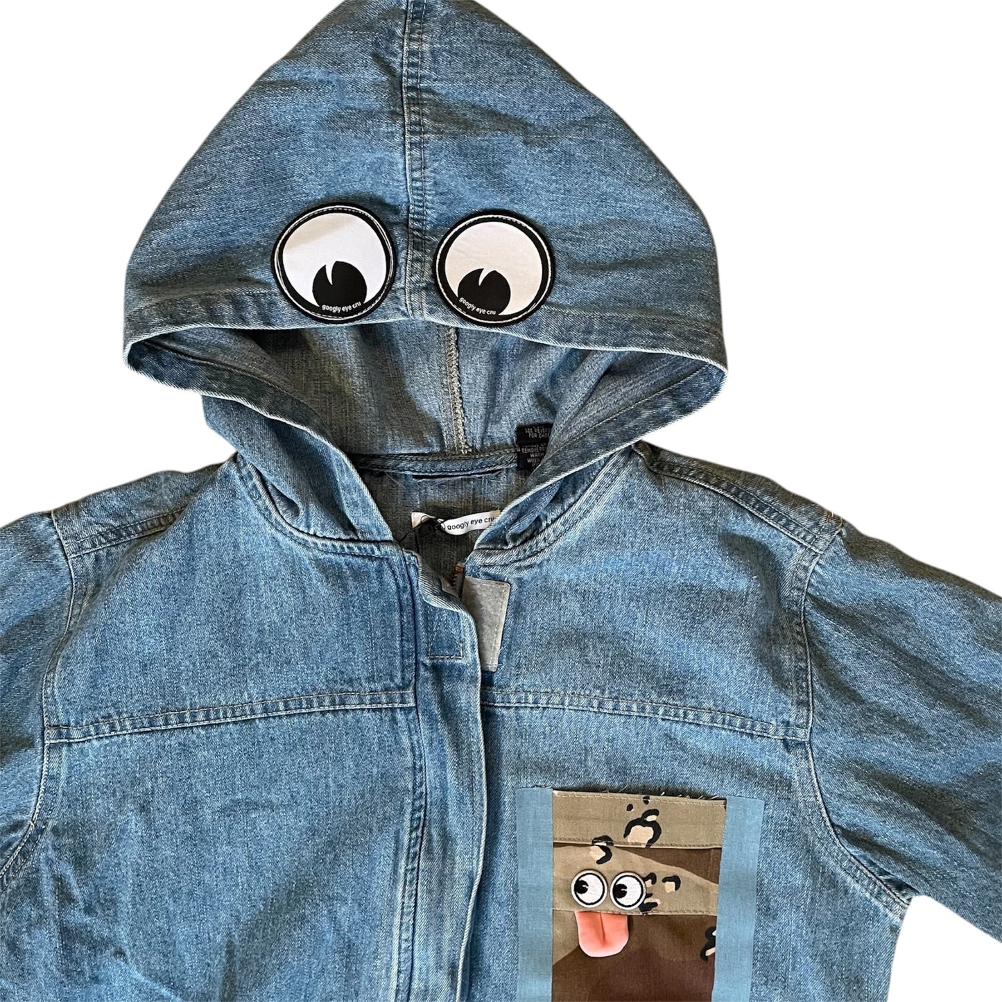UPCYCLED Hooded Denim Jacket w/ Camo Pocket, Eyes, and Velcro Closures