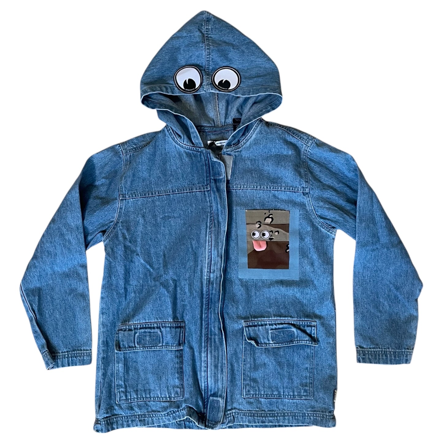 UPCYCLED Hooded Denim Jacket w/ Camo Pocket, Eyes, and Velcro Closures