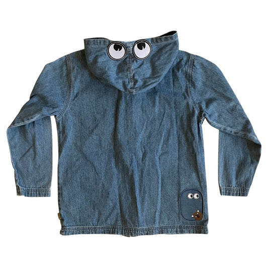 UPCYCLED Hooded Denim Jacket w/ Camo Pocket, Eyes, and Velcro Closures