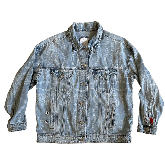 UPCYCLED Denim Jacket w/ EARTH Print and all over bandana print.