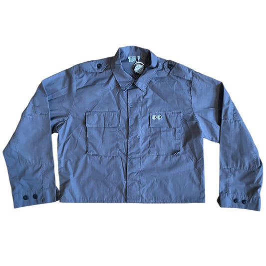 UPCYCLED Deadstock Military Shirt. Cropped boxy fit with save the earth Slate Grey color