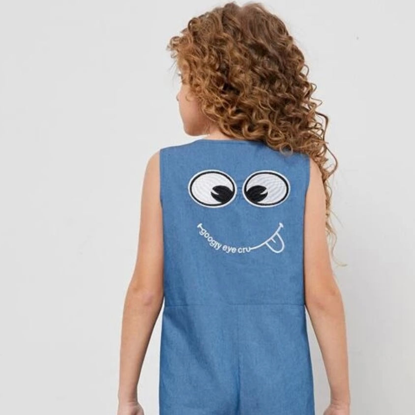 SHEIN x googly eye cru girls zip up cartoon & letter embroidery wide leg cropped jumpsuit
