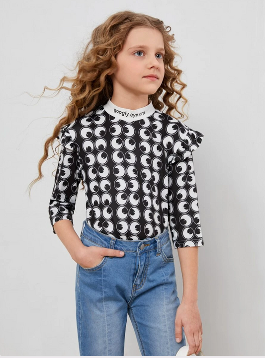 SHEIN X googly eye cru girls mockneck ruffle trim slogan and graphic print top
