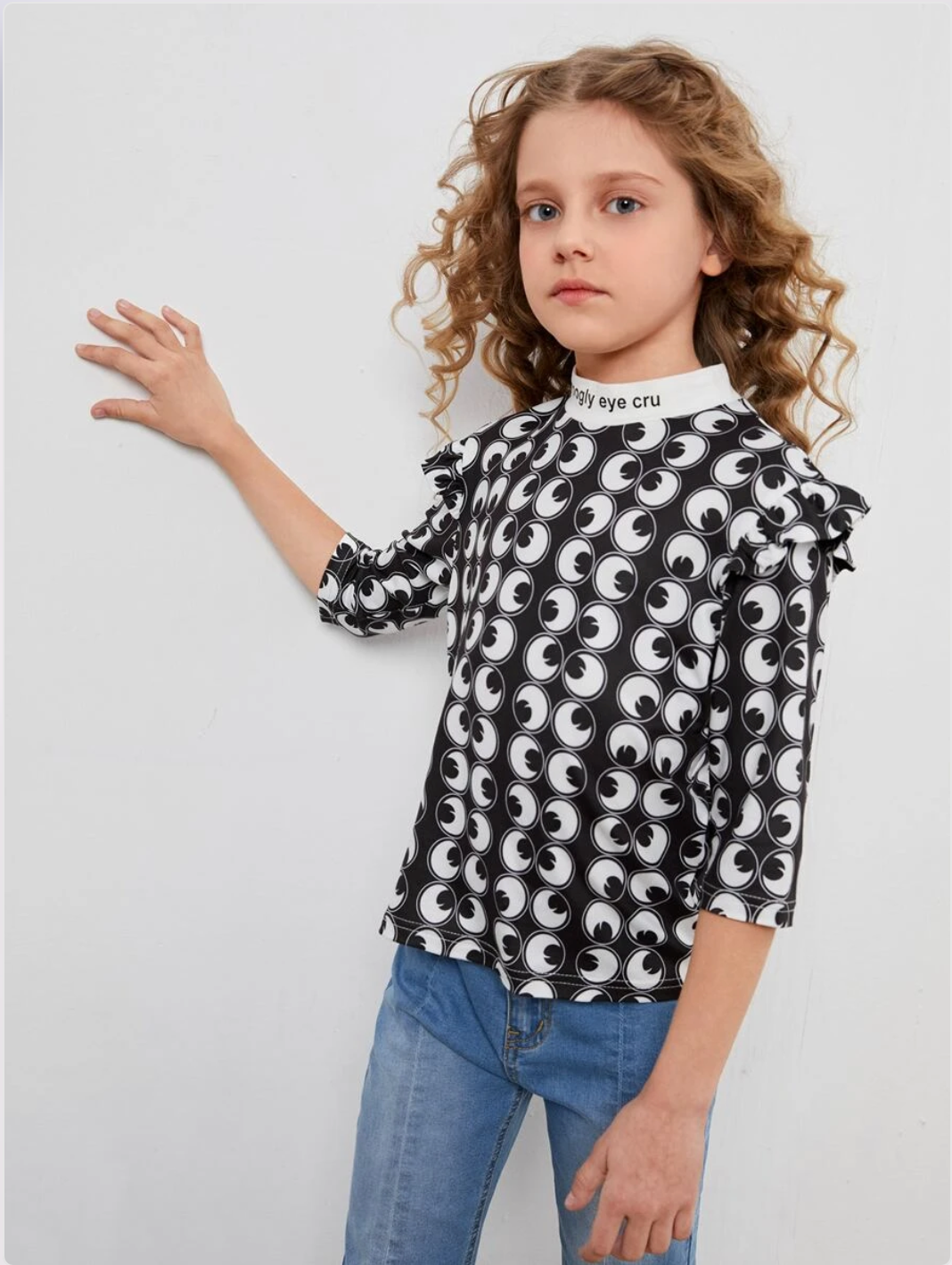 SHEIN X googly eye cru girls mockneck ruffle trim slogan and graphic print top