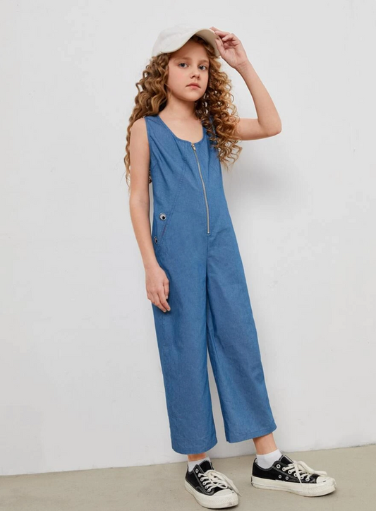 SHEIN x googly eye cru girls zip up cartoon & letter embroidery wide leg cropped jumpsuit