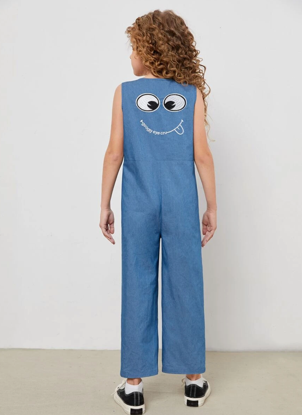 SHEIN x googly eye cru girls zip up cartoon & letter embroidery wide leg cropped jumpsuit