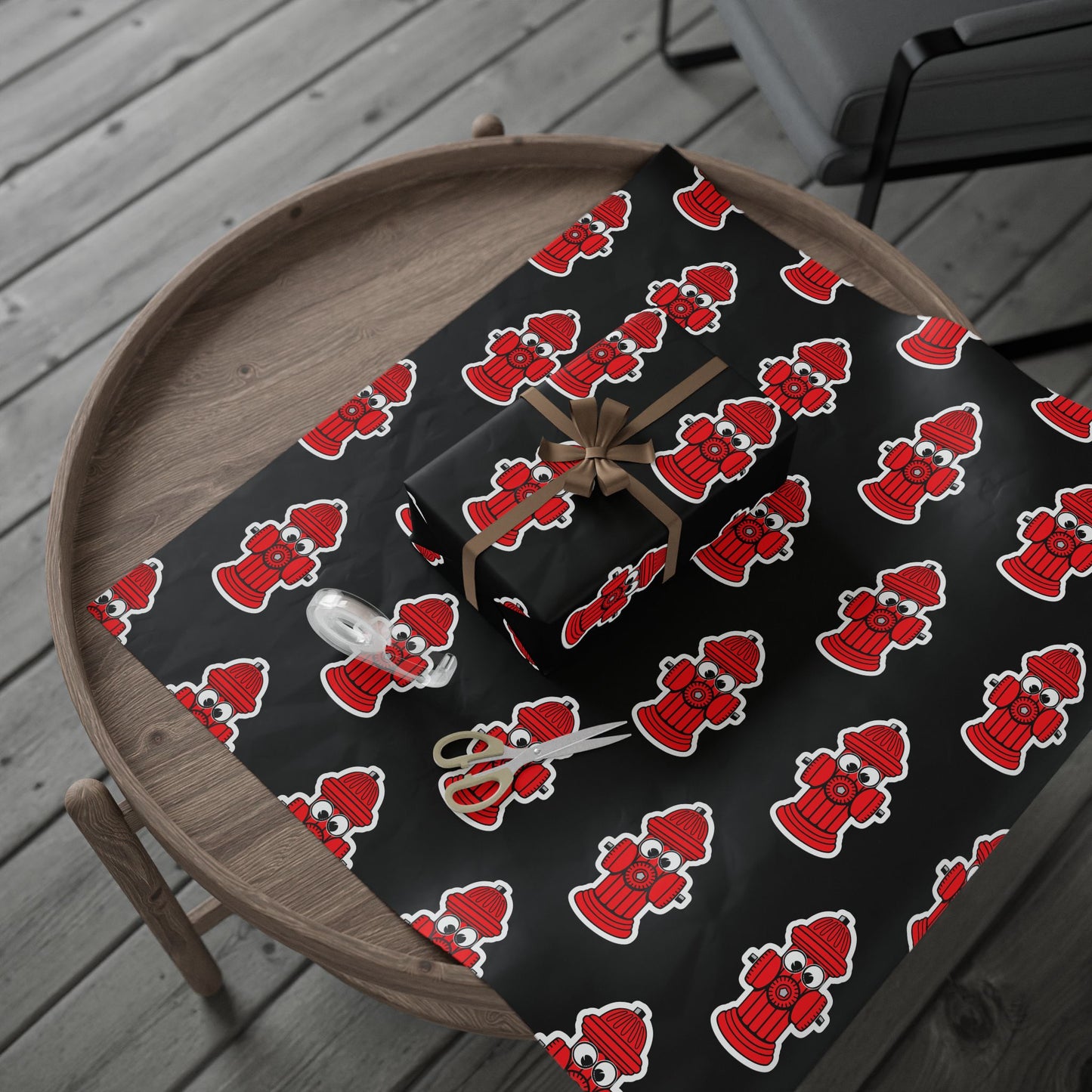 Wrapping Paper - Red Fire Hydrants with Googly Eyes on Black Background