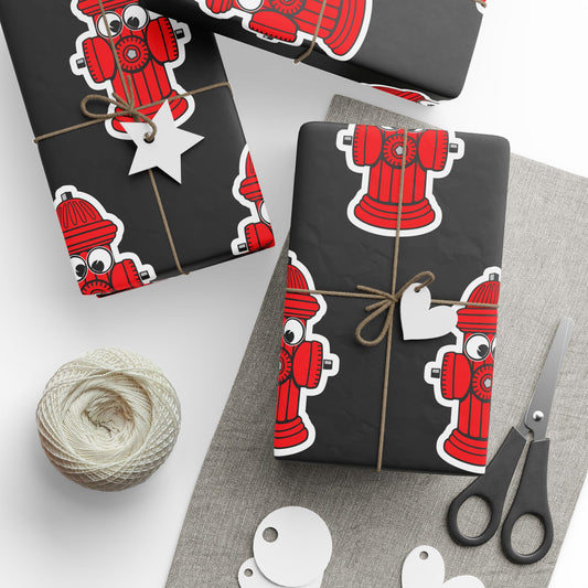 Wrapping Paper - Red Fire Hydrants with Googly Eyes on Black Background