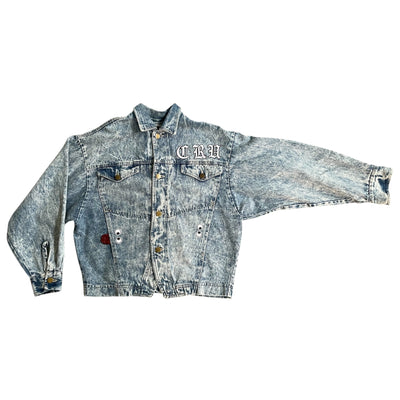 UPCYCLED Acid Wash Denim Jacket w/Chenille Eyes & old English CRU