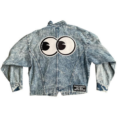 UPCYCLED Acid Wash Denim Jacket w/Chenille Eyes & old English CRU