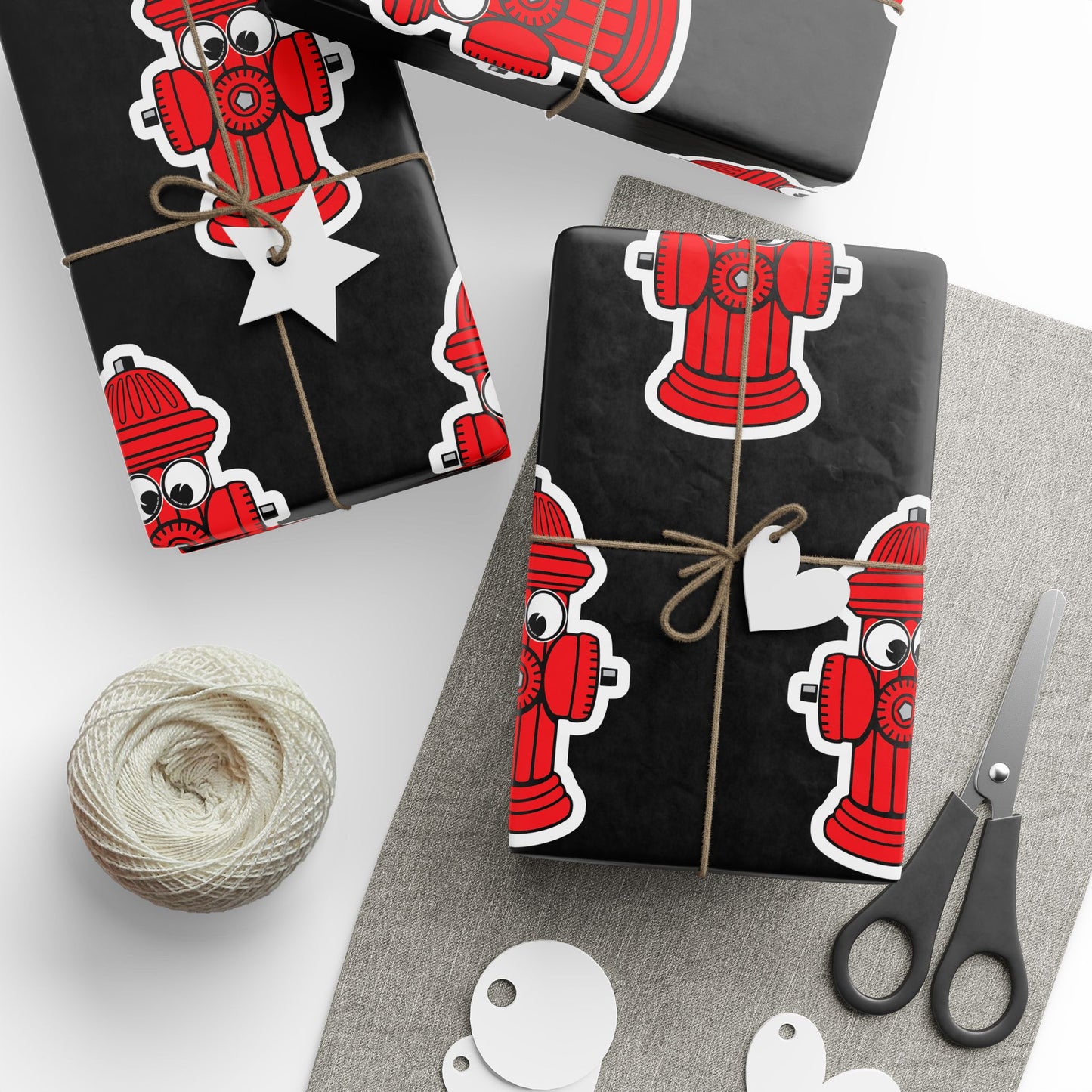 Wrapping Paper - Red Fire Hydrants with Googly Eyes on Black Background