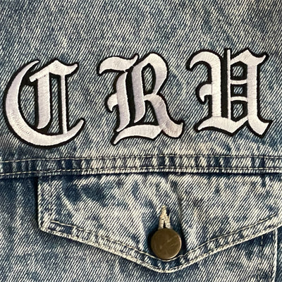 UPCYCLED Acid Wash Denim Jacket w/Chenille Eyes & old English CRU