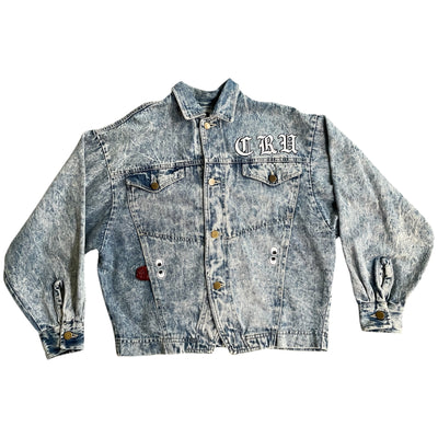 UPCYCLED Acid Wash Denim Jacket w/Chenille Eyes & old English CRU