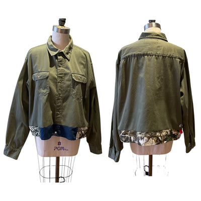 UPCYCLED Army green boxy cropped top with Real Tree camo and denim hem