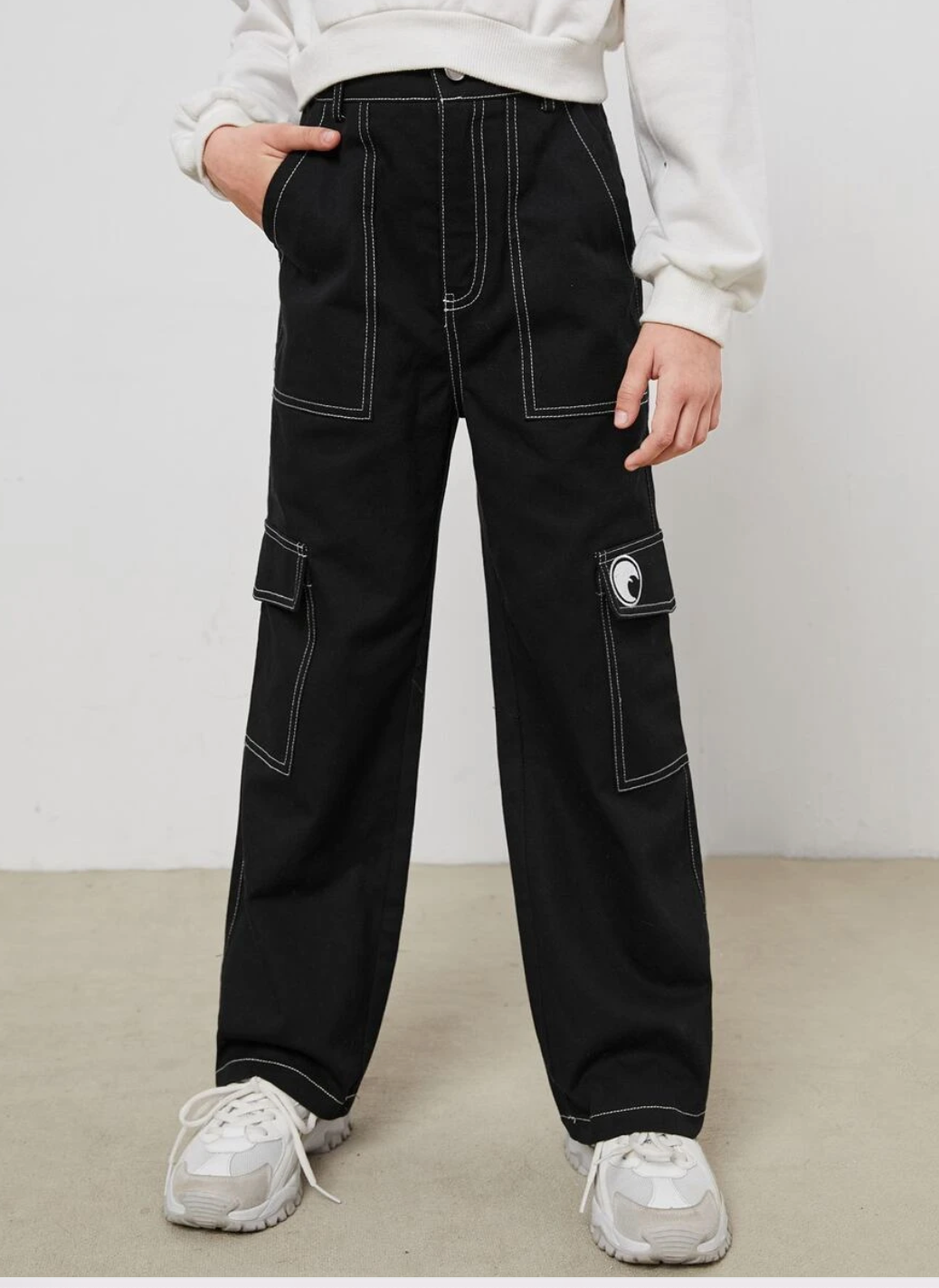 googly eye cru girls contrast stitch patched cargo pants